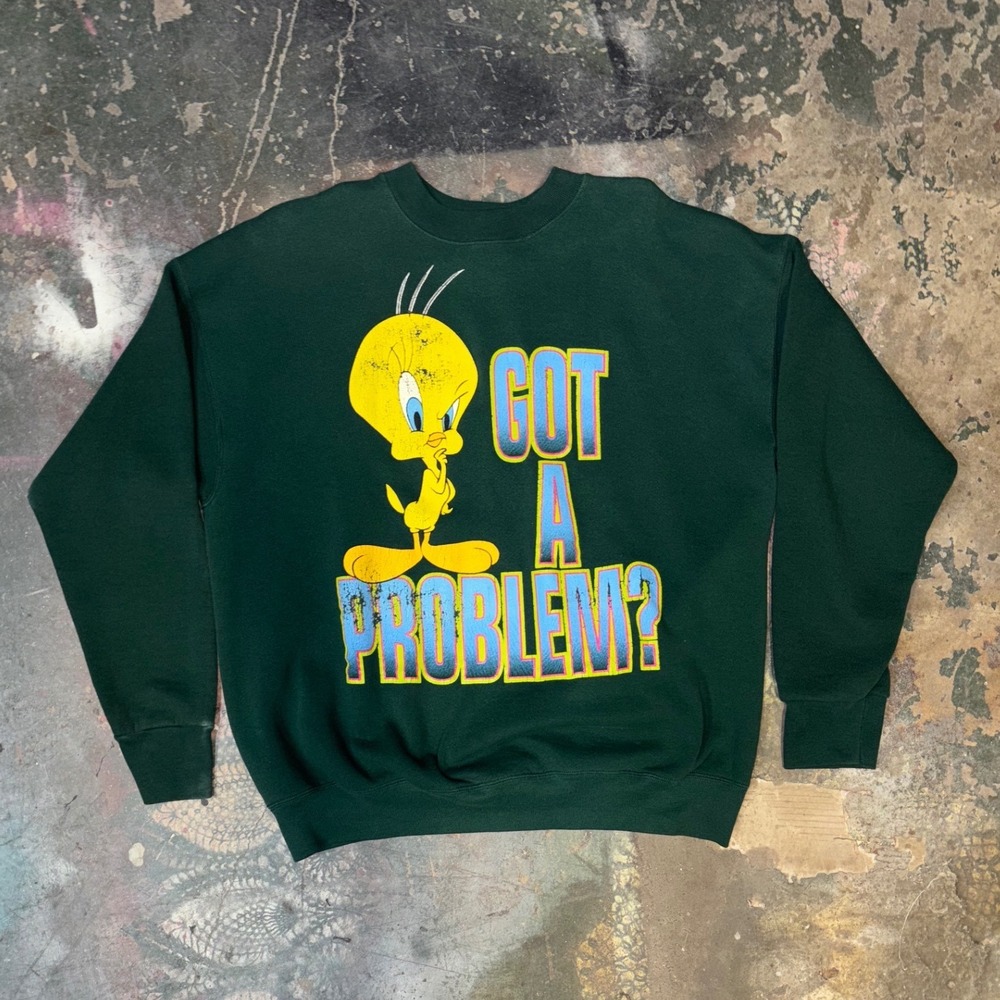 Vintage 90s Tweety Bird "Got A Problem?" Crewneck Sweatshirt Green Fits Large